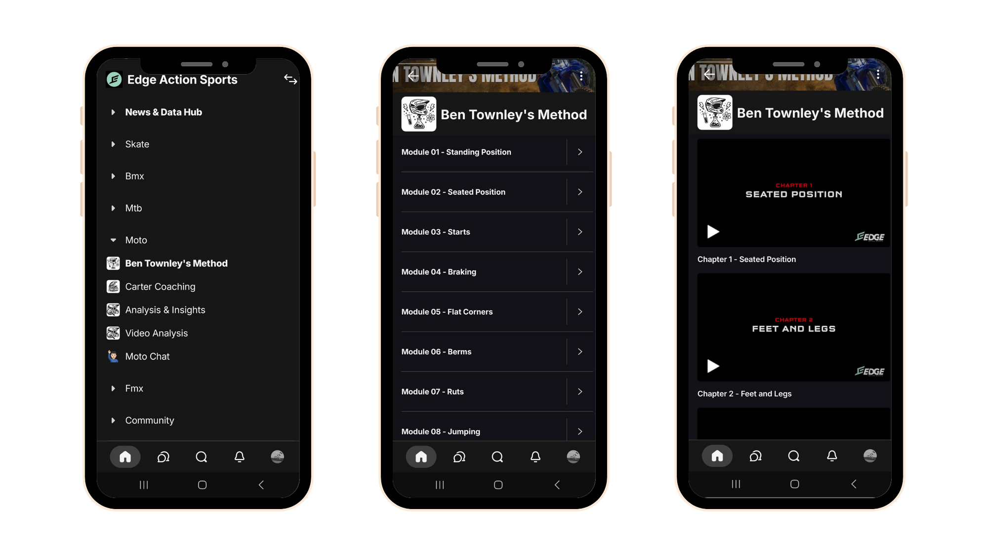 Three phone screens showing the Edge Action Sports app and Ben Townley’s Method motocross training program